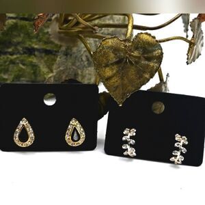 "5/$40" 2 Pairs Rhinestone Bling Earrings Black Acrylic Goldtone Hoop Post Stud